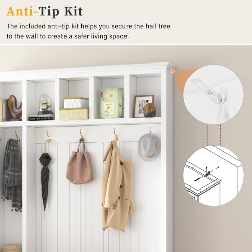 RuiSiSi Hall Tree with Bench and Shoe Storage, 5-in-1 Entryway Coat Rack with Drawer and Storage Cabinet, Ancient White