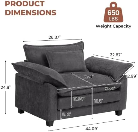 Chenille Oversized Accent Chair,44" Modern Upholstered Living Room Chairs,Comfy Armchair with Extra Thicked Cloud Sofa Chair,Reading Chair Side Chair for Bedroom Apartment Darkgrey