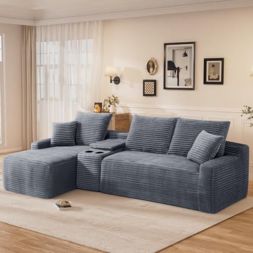 95" L Shaped Cloud Couch Modular Sectional Sofa, Comfy Fluffy Corduroy Grey Boneless Sectional Couches for Living Room, Modern Cloud Sofas with Cup Holders & Left Facing Chaise, Grey