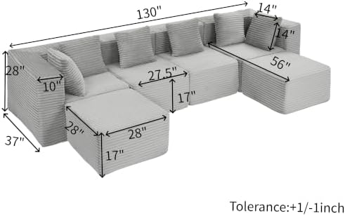 130-Inch Oversized U-Shaped 6 PCS Modular Cloud Couch Boneless Corner Sectional Couch W/Ottomans, Compression Boneless Corner Sofa Plush Corduroy Sectional Sofa for Living Room