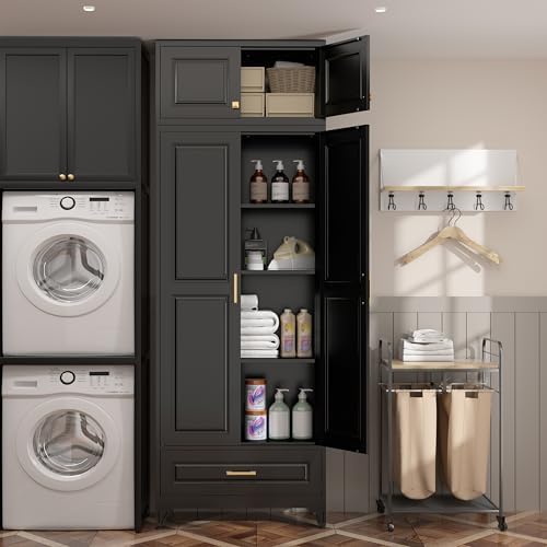 SteeLoong 90" Metal Storage Cabinet with Doors and 3 Adjustable Shelves | Kitchen Pantry Cabinet with 3 Drawers,Black Kitchen Cabinet with 4 Gold Handles,Food Cupboard for Livingroom,Pantry, Bathroom