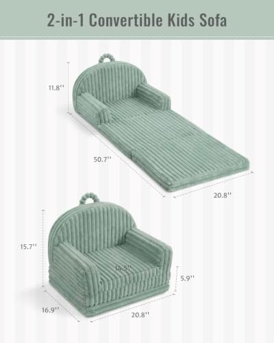 Blissful Diary Foldable Kids Couch, 2-in-1 Kids Sofa Chair, Sage Green