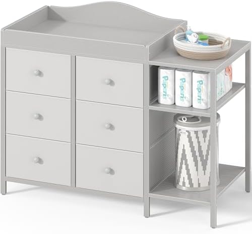 BOLUO Baby Dresser with Changing Table Top, Gray Changing Table Dresser with 6 Fabric Drawers Diaper Changing Station with Storage Shelf for Nursery Modern