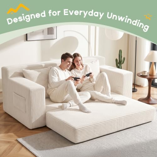 Boneless Couch for Living Room, 3 Seater Convertible Sofa Bed in A Box, Folding Pull Out Couch with Comfy Corduroy, Loveseat Sleeper Floor Sofa with 5 Pillows, No Assembly Required, Beige