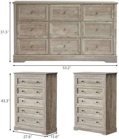 KIGOTY Farmhouse Bedroom Set, 3 Piece Bedroom Furniture Set, 9/5 Drawer Dressers,Rustic Closet Clothes Organizer, Drawer Dresser Set for Home