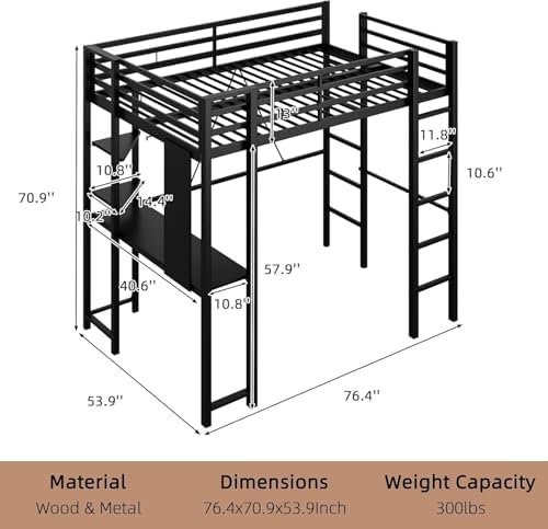 Nuturelly Full Size Loft Bed with Desk, 13" Guardrails, Noise-Free, Black