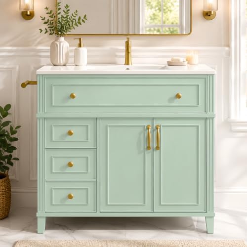 YOPTO 36" Bathroom Vanity with Sink, Freestanding Bathroom Cabinet | Ceramic Top & Backsplash, 3 Storage Drawers, 1 Tilt-Out Storage, Adjustable Shelving, Door Storage and Towel Bar, Sage Green