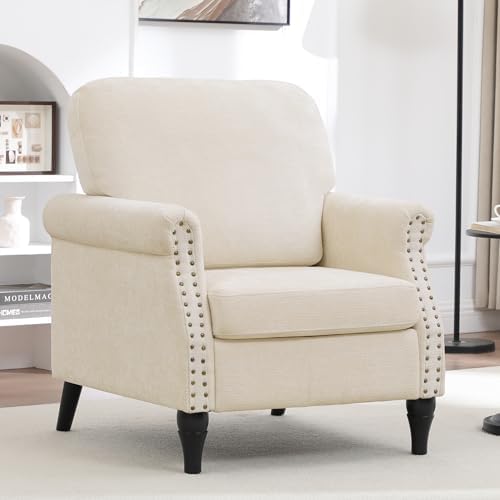 Accent Chair for Living Room, Modern Mid Century Reading Chair Armchair High Back Upholstered Armchair with Wooden Legs for Living Room Bedroom Office (Beige, 1pcs)