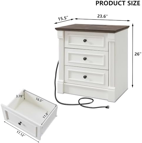 Aitjunz 26" Tall Nightstand w/Charging Station, 3 Drawers, Antique White