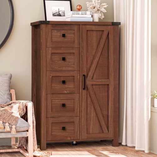 VVFLU Farmhouse 48 Inch Tall Dresser Chest of Drawer for Bedroom, 5 Drawer Storage Cabinet with Barn Door, Adjustable Shelves, Rustic, for Living Room, Entryway, Hallway, Cherry Wood