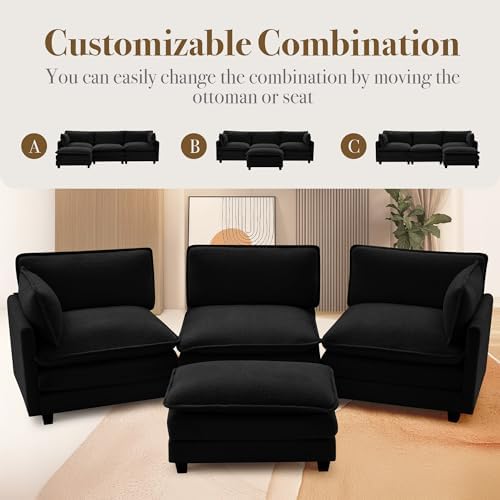 ROWHY 112'' Modular Sectional Cloud Couch with Movable Ottoman, 4 Seat Modern Chenille Sofa, Deep Seat L Shaped Couch for Living Room Bedroom Apartment,Jet Black