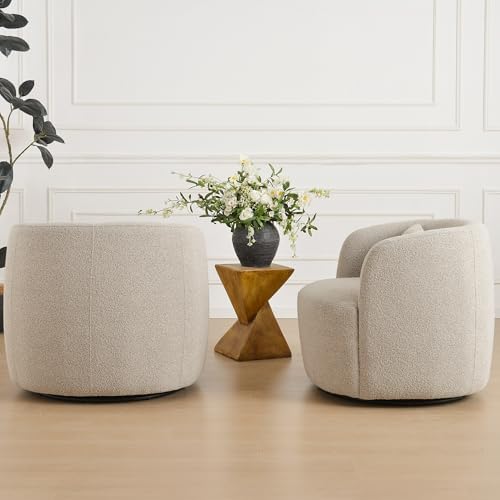 KINWELL 34" W Sherpa Swivel Barrel Chairs with Pillow Set of 2, Taupe Grey