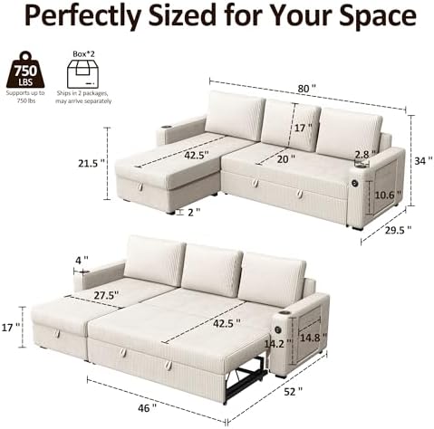 Ball & Cast 80" Sectional Sleeper Sofa Bed Pull Out Couches for Living Room