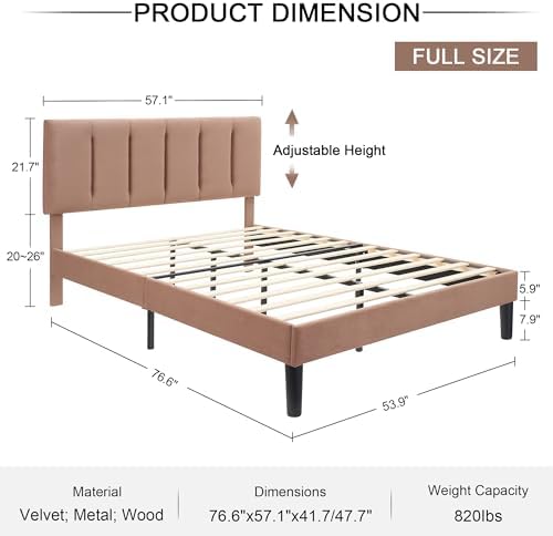 VECELO Full Size Bed Frame with Upholstered Headboard, Coffee