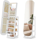 SONGMICS HOME 360° Swivel Jewelry Cabinet Standing, Mirror with Storage | Lockable Jewelry Armoire with Vanity and Rear Shelves, Full Length Floor Mirror with Storage, Cloud White UJJC036W01SH