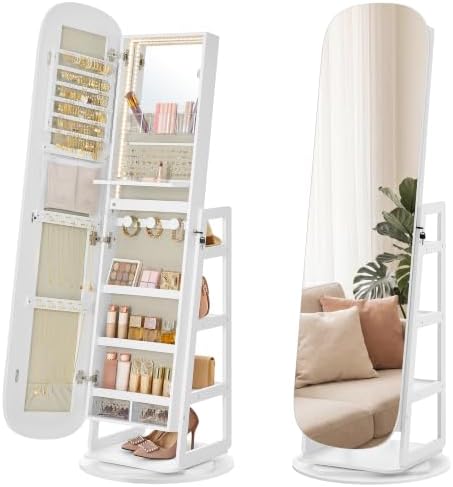 SONGMICS HOME 360° Swivel Jewelry Cabinet Standing, Mirror with Storage | Lockable Jewelry Armoire with Vanity and Rear Shelves, Full Length Floor Mirror with Storage, Cloud White UJJC036W01SH