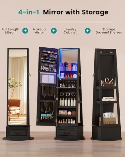 Vlsrka Mirror Jewelry Cabinet Standing with Lights, Lockable, Swivel, Black | Standing Jewelry Armoire with Full Length Mirror, Large Jewelry Organizer Storage with Foldable Makeup Shelf, 3 LED Lights