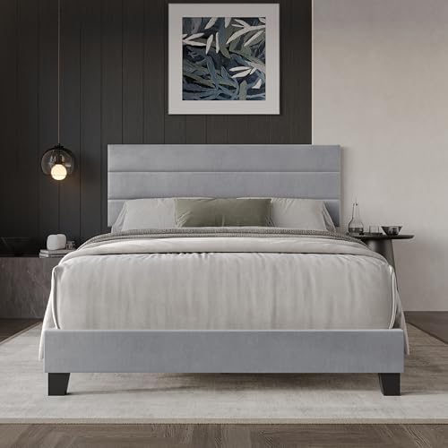 HOME DESIGN Vallejo King Size Upholstered Panel Bed Frame, Velvet Upholstery, Padded Headboard with High-Density Foam, Box Spring Required, Silver Gray