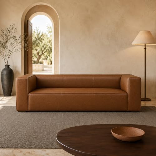 90.94-Inch Cognac Tan Faux Leather Sofa, Modern 3-Seater Couch