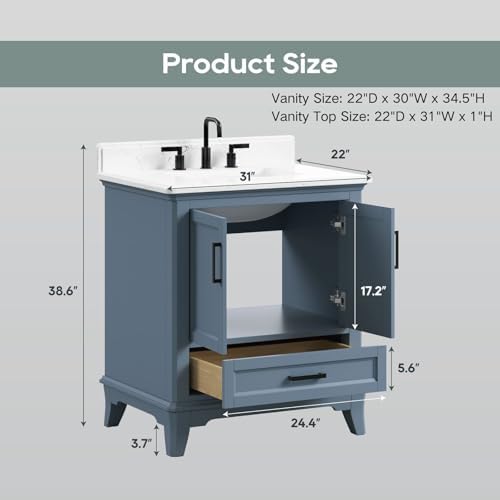 30 Inch Bathroom Vanity with Sink, Solid Wood, Steel Blue | Freestanding Single Sink Bathroom Vanity, Fully Assembled Bathroom Storage Cabinet with Soft Close Doors & Dovetail Drawers