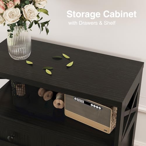 Farmhouse Storage Cabinet with Drawers, Small Kitchen Pantry Cabinet, Black