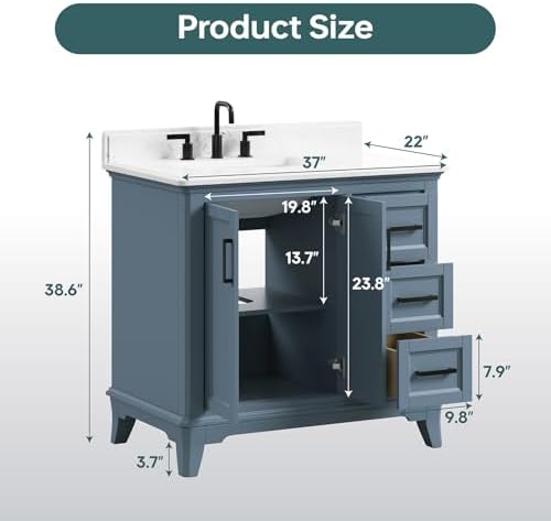 36" Bathroom Vanity with Sink, Fully Assembled, Steel Blue | Freestanding Solid Wood Bathroom Vanities with Quartz Countertop & Backsplash, Soft Close Doors & Dovetail Drawer