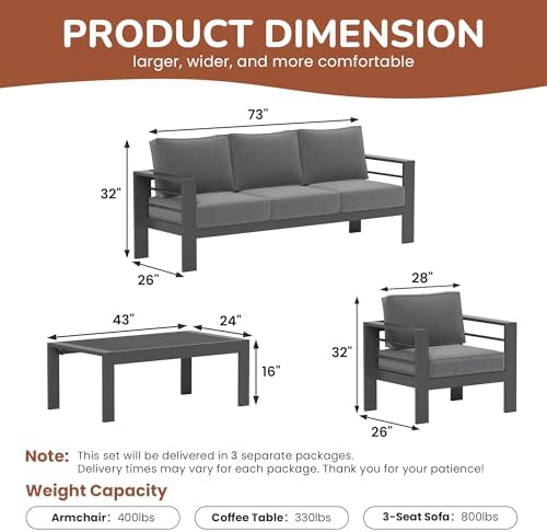 Solaste 5-Seaters Aluminum Outdoor Patio Furniture Set, Patio Sectional with 5" Thick Cushion, Outdoor Furniture with Coffee Table, Patio Sofa for Porch, Backyard, Deck, Yard, Dark Grey