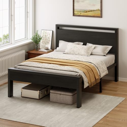 Sweetcrispy 14 Inch Full Size Bed Frame with Wood Headboard, Black