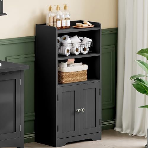ChooChoo Small Bathroom Storage Cabinet with 2 Door and Shelves | Narrow Toilet Paper Cabinet, Freestanding Bathroom Floor Cabinet and Organizers for Small Spaces, Black