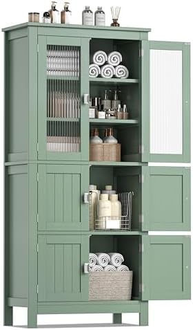 Akxomel 53.1" Tall Bathroom Cabinet 6 Doors Linen Floor Storage Cabinet | Bathroom Floor Cabinet with Adjustable Shelf, Pantry Cabinet for Living Room, Kitchen, Entryway, Green
