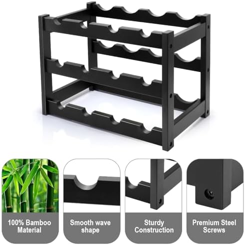 Bamboo Wine Rack, 3-Tier 12 Bottles Wine Storage Cabinet Shelf