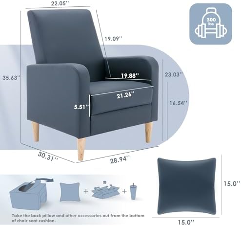 COLAMY Mid-Century Modern Accent Chairs Set of 2, Faux Leather Upholstered Living Room Chairs with Back Pillow & Solid Wood Legs, Comfy Armchair for Living Room, Bedroom, Single Sofa, Dark Blue