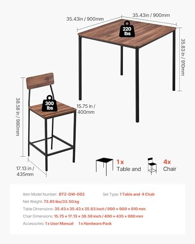 VEVOR Bar Table and Chairs Set, 5PCS 35″ Bars Tables Set with Rounded Edge Design, Square Pub Table with Four Stools for Living Room, Dining Room, Kitchen, Walnut Color, Black