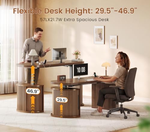 SEDETA 57" Standing Desk with Storage, Electric Height Adjustable Executive Fluted Desk with Curved Cabinets, Computer Desk with Power Strip for Home Office, Brown