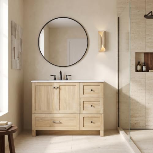 42" Pre-Assembled Bathroom Vanity with Sink, MDF Engineered Wood, Ivory White Engineered Marble Countertop Attached, Single Rectangle Porcelain Sink, 4 Soft-Close Drawers, Mango Wood
