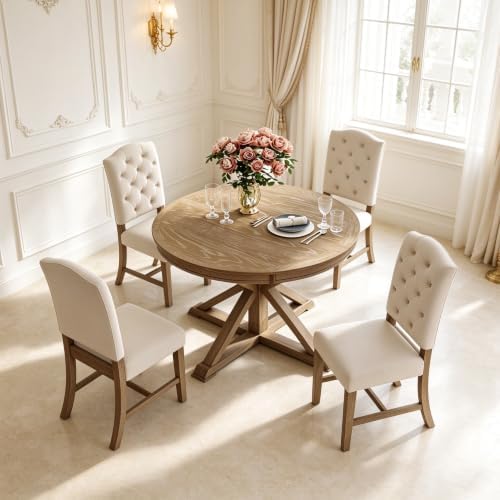LUMISOL Round Dining Table Set for 4, Farmhouse Kitchen Table Set with Extendable Round Dining Table & 4 Upholstered Chairs, 5-Piece Solid Wood Table and Chairs Set for Kitchen, Dining Room, Natural