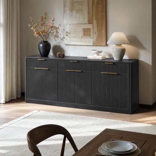 Evermagin 67" Fluted Black Sideboard Buffet Cabinet with 3 Drawers