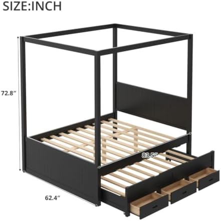 SANOFI Queen Size Wood Canopy Bed with Twin Size Trundle, Black