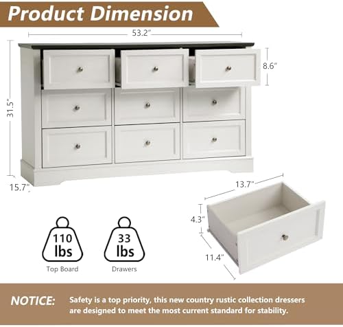 LOUVIXA Farmhouse Bedroom Sets of 4, Including 9 Drawer Dresser, 5 Drawer Dressers and Nightstand Set of 2 with Charging Station (Off White-Brown)