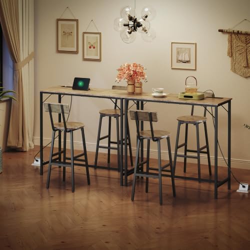 HOOBRO Bar Table with Charging Station, Rectangular Pub Table, High Top Coffee Table, Counter Bar Height Table, Narrow Long Dining Table, 35.4" L x 15.7" W x 35.6" H, Greige BG90UBT01