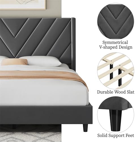 Yaheetech Queen Bed Frame with Chevron Channel-Tufted Headboard, Deep Gray