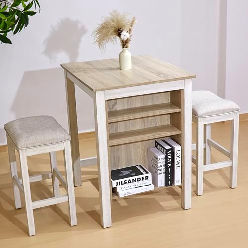 3-Piece Wooden Dining Table Set, Kitchen Island with Seating for 2, Kitchen Bar Table with Stools, Counter Height Dining Table Set, Weathered Birch & Antique White, Farmhouse Style