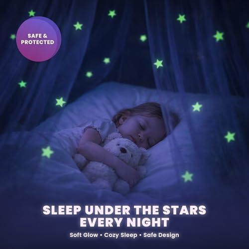 Bollepo Bed Canopy for Girls with Glowing Stars - Canopy Bed Curtains | Fits Single, Twin, Full, Queen Size Kids - Princess Bed Canopy | Rainbow Bedroom Accessories, Netting Room Decor, Ceiling Tent