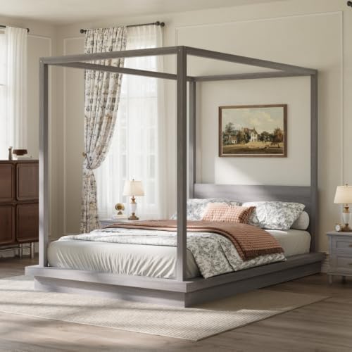 Queen Size Canopy Bed with Headboard (Gray)