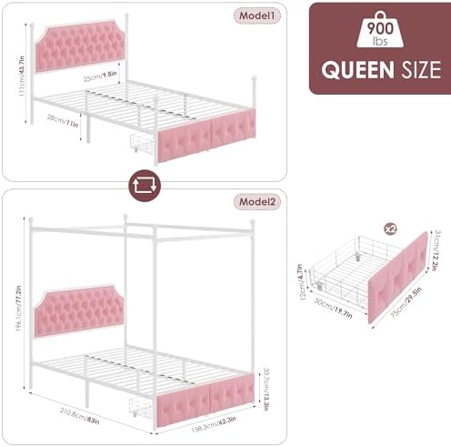 Keyluv Queen Upholstered Canopy Bed Frame with 2 Storage Drawers & Button Tufted Headboard, Metal Platform Bed with 4 Removable Posts, Two-Purpose Velvet Bed, Pink/Curtain Not Included
