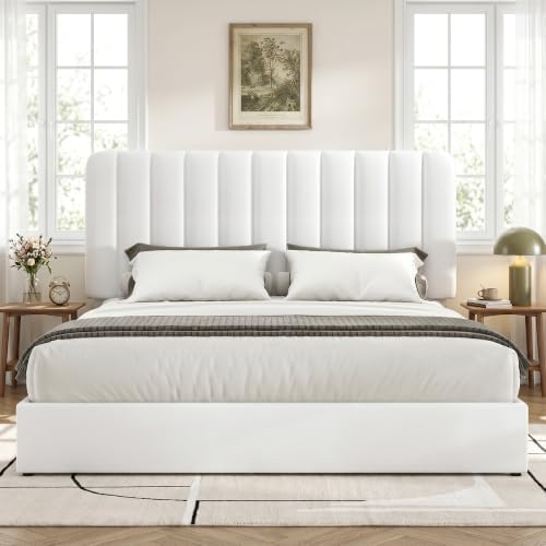 VECELO Full Size Upholstered Bed Frame with 4 Drawers and Headboard, Velvet Platform Storage Bedframe, Wooden Slats Support, No Box Spring Needed,White
