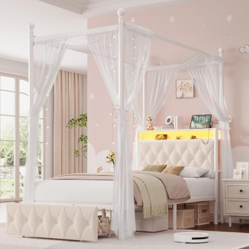 HIFIT Twin Size LED Canopy Bed Frame with Storage & Charging Station, Beige
