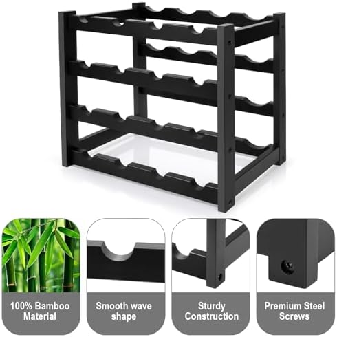 Bamboo Wine Rack, 4-Tier 16 Bottles Wine Storage Cabinet Shelf