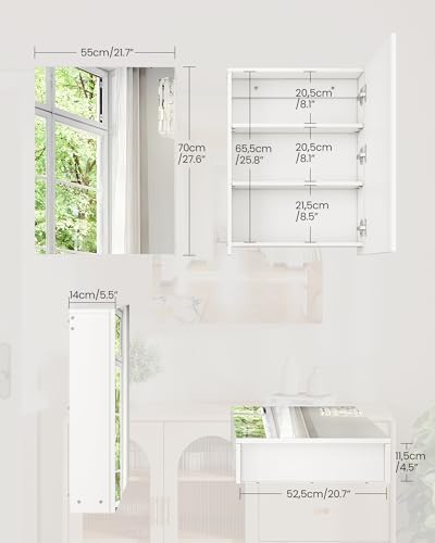 CHOEZON Bathroom Medicine Mirror Cabinet, 21.7'' x 27.6'', Wall-Mounted Bathroom Vanity with Mirror, Bathroom Medicine Cabinet with Storage Function, Hanging Storage Cabinet, Adjustable Shelves, White