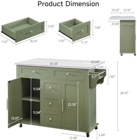ONBRILL 47" Kitchen Island with 2 Storage Cabinets & 5 Drawers, Green